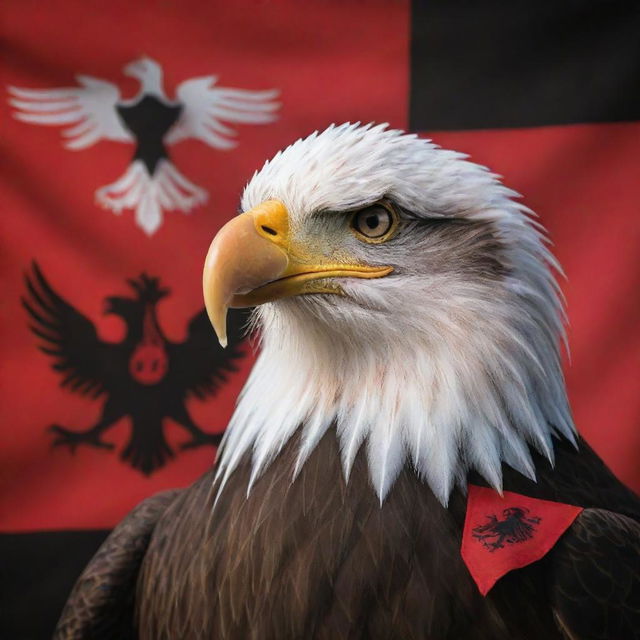 A portrait of an impressive eagle businessperson, shot with a 50mm lens, with the Albanian flag as a background. The eagle is coolly smoking a cigar.