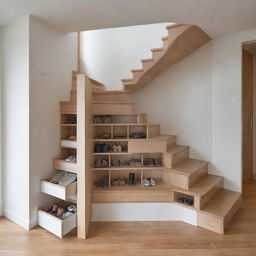 Innovative and practical staircase design with built-in storage compartments in the steps. The compartments hold shoes, books, and various small items.