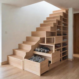 Innovative and practical staircase design with built-in storage compartments in the steps. The compartments hold shoes, books, and various small items.