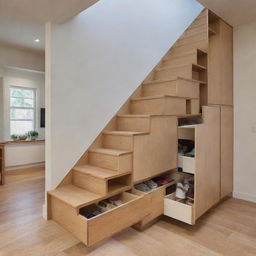 Innovative and practical staircase design with built-in storage compartments in the steps. The compartments hold shoes, books, and various small items.