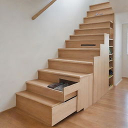 Innovative and practical staircase design with built-in storage compartments in the steps. The compartments hold shoes, books, and various small items.