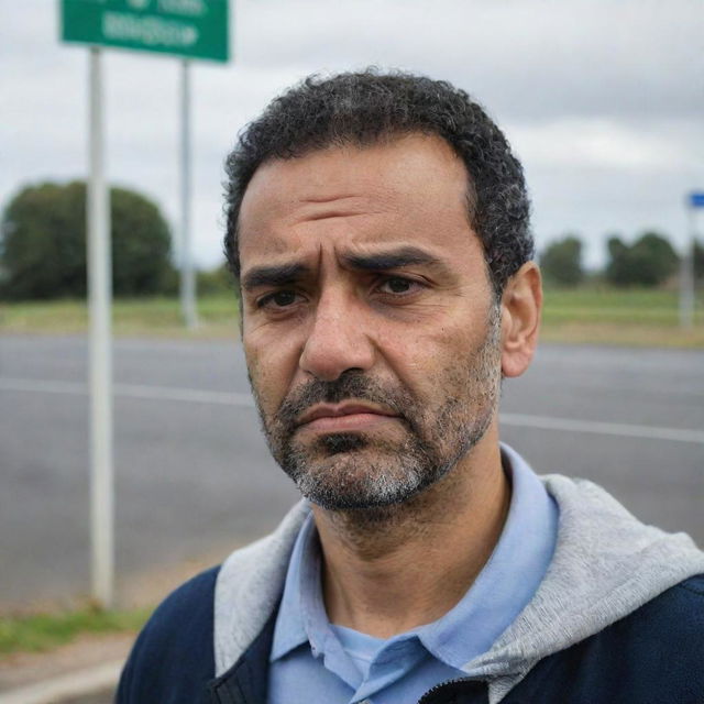 A close-up of a man named Hussein with a frowning face and furrowed brows. He stands at a bus stop sign, looking anxious and upset. The backdrop shows a distant factory 20 km away.