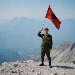 An Albanian military officer standing on a mountain, proudly holding the Albanian flag in hand.