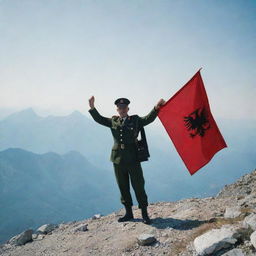 An Albanian military officer standing on a mountain, proudly holding the Albanian flag in hand.