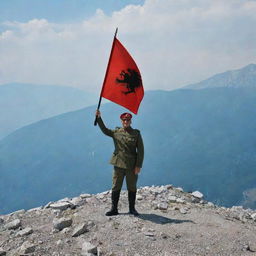 An Albanian military officer standing on a mountain, proudly holding the Albanian flag in hand.