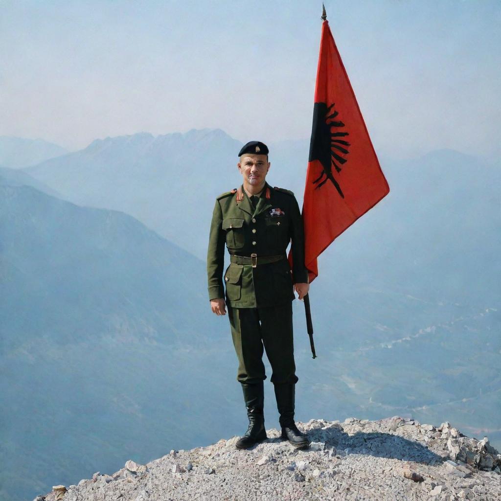 An Albanian military officer standing on a mountain, proudly holding the Albanian flag in hand.