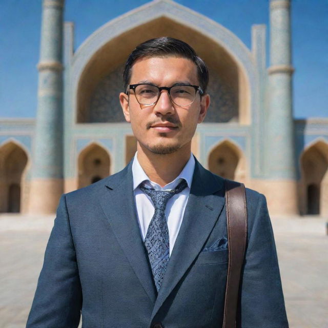 Create an avatar of a handsome, intelligent man from Samarkand. He is standing in Registan Square with a traveler in the background. The man is wearing eyeglasses and dressed in a classic style.