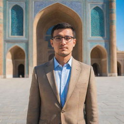 Create an avatar of a handsome, intelligent man from Samarkand. He is standing in Registan Square with a traveler in the background. The man is wearing eyeglasses and dressed in a classic style.