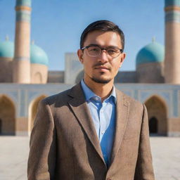 Create an avatar of a handsome, intelligent man from Samarkand. He is standing in Registan Square with a traveler in the background. The man is wearing eyeglasses and dressed in a classic style.