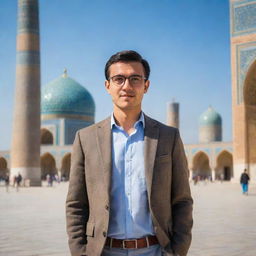 Create an avatar of a handsome, intelligent man from Samarkand. He is standing in Registan Square with a traveler in the background. The man is wearing eyeglasses and dressed in a classic style.