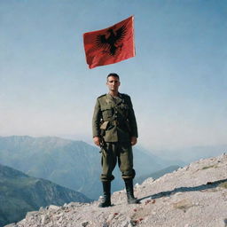 A bloodied Albanian military officer standing on a mountain, clutching the Albanian flag, shot with a 35mm lens. A large black eagle soars in the background.