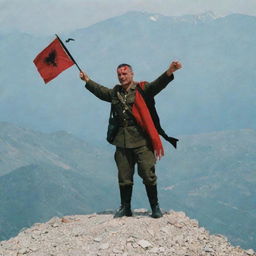 A bloodied Albanian military officer standing on a mountain, clutching the Albanian flag, shot with a 35mm lens. A large black eagle soars in the background.