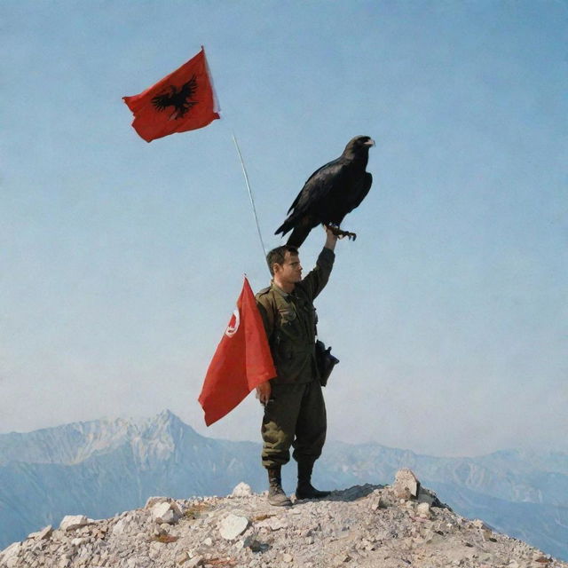 A bloodied Albanian military officer standing on a mountain, clutching the Albanian flag, shot with a 35mm lens. A large black eagle soars in the background.