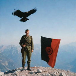 A bloodied Albanian military officer standing on a mountain, clutching the Albanian flag, shot with a 35mm lens. A large black eagle soars in the background.