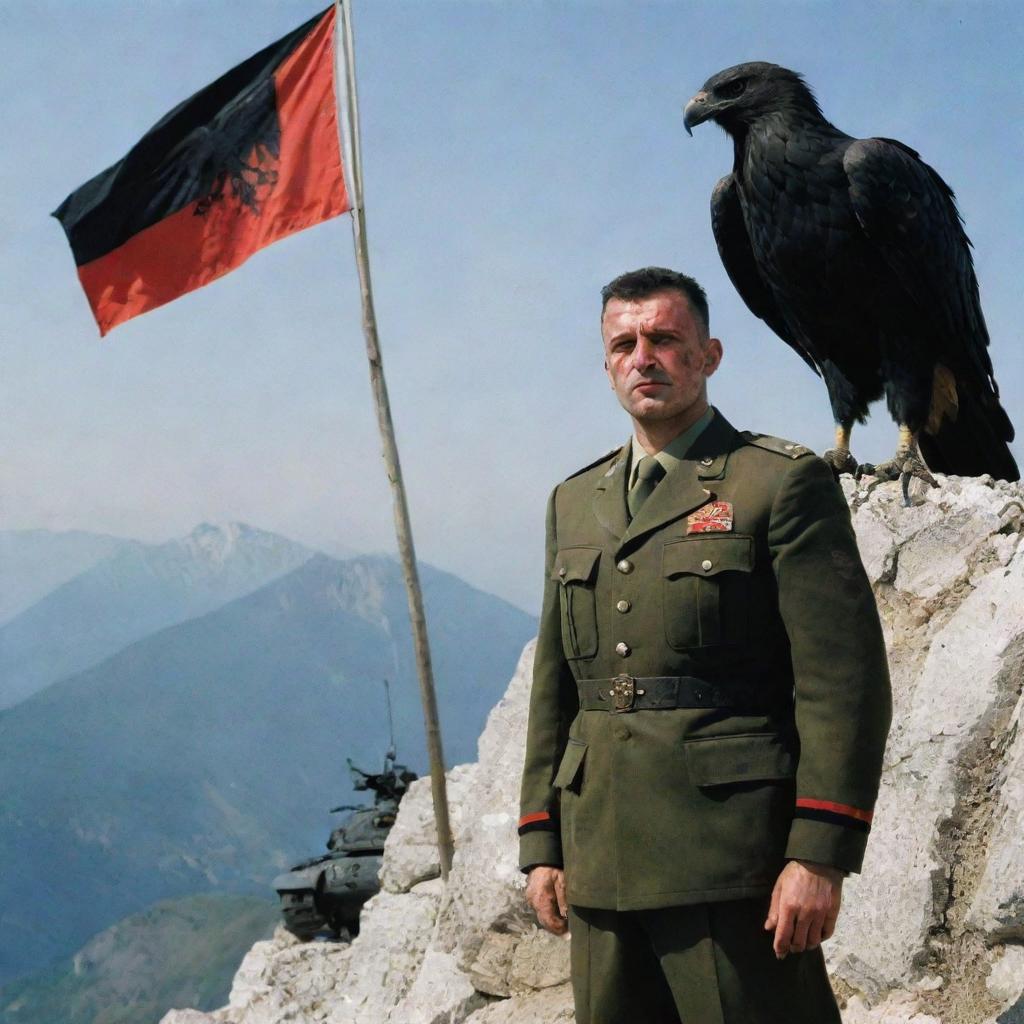 A dramatic portrait of a bloodied Albanian military officer on a mountain with the Albanian flag, with a menacing black eagle in the backdrop. In the foreground, a tank signifies a battle scene.