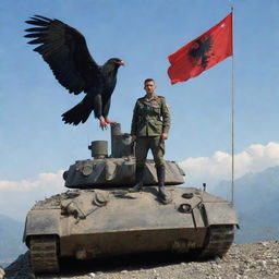 A dramatic portrait of a bloodied Albanian military officer on a mountain with the Albanian flag, with a menacing black eagle in the backdrop. In the foreground, a tank signifies a battle scene.