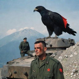 A dramatic portrait of a bloodied Albanian military officer on a mountain with the Albanian flag, with a menacing black eagle in the backdrop. In the foreground, a tank signifies a battle scene.