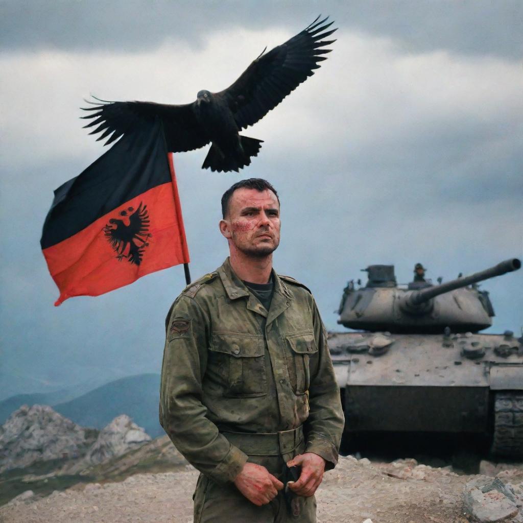 A dramatic portrait of a bloodied Albanian military officer on a mountain with the Albanian flag, with a menacing black eagle in the backdrop. In the foreground, a tank signifies a battle scene.