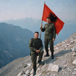 A powerful portrait of a bloodied Albanian military officer on a mountain, holding the Albanian flag. A foreboding two-headed black eagle dominates the background, and a military tank is placed prominently in the foreground.