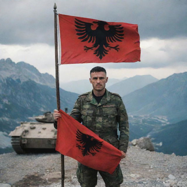 A powerful portrait of a bloodied Albanian military officer on a mountain, holding the Albanian flag. A foreboding two-headed black eagle dominates the background, and a military tank is placed prominently in the foreground.