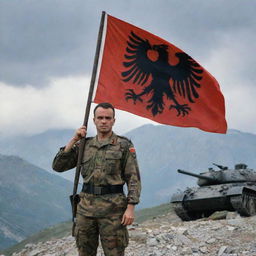 A powerful portrait of a bloodied Albanian military officer on a mountain, holding the Albanian flag. A foreboding two-headed black eagle dominates the background, and a military tank is placed prominently in the foreground.