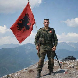 A powerful portrait of a bloodied Albanian military officer on a mountain, holding the Albanian flag. A foreboding two-headed black eagle dominates the background, and a military tank is placed prominently in the foreground.