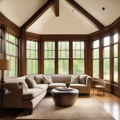 The den in the house had large windows and cozy furniture, creating a perfect space for relaxation.