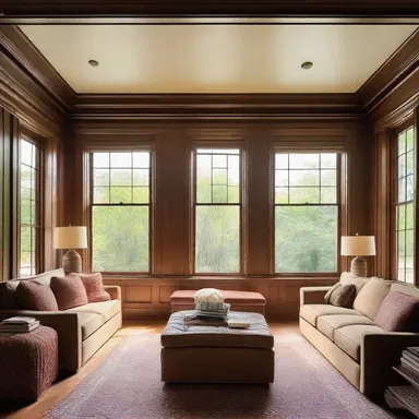 The den in the house had large windows and cozy furniture, creating a perfect space for relaxation.