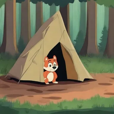 In the cartoon episode, the character found a den at the edge of the forest to take shelter from the rain.