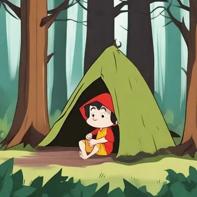 In the cartoon episode, the character found a den at the edge of the forest to take shelter from the rain.