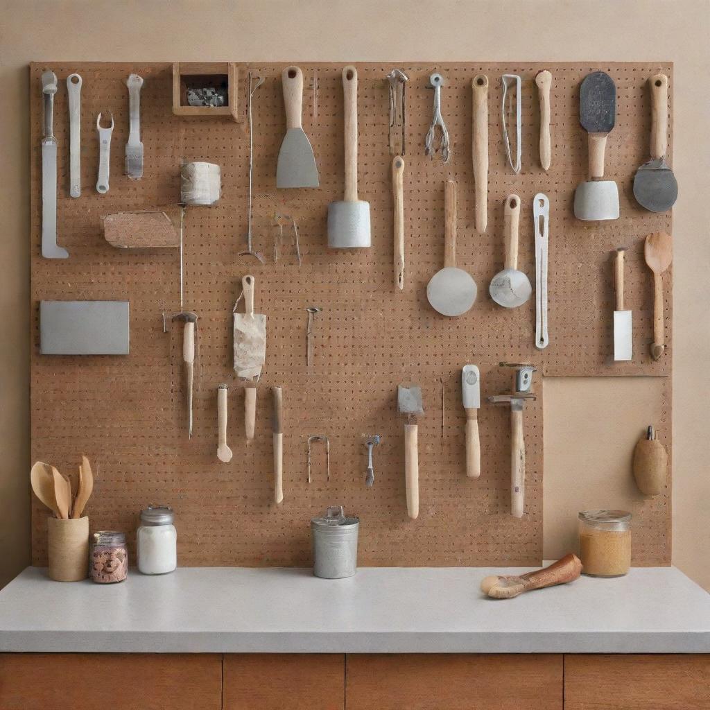 A wall installed with a customizable pegboard displaying a variety of tools, craft supplies, and kitchen utensils in an aesthetically appealing arrangement.