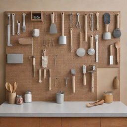 A wall installed with a customizable pegboard displaying a variety of tools, craft supplies, and kitchen utensils in an aesthetically appealing arrangement.