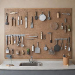 A wall installed with a customizable pegboard displaying a variety of tools, craft supplies, and kitchen utensils in an aesthetically appealing arrangement.