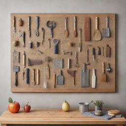 A wall installed with a customizable pegboard displaying a variety of tools, craft supplies, and kitchen utensils in an aesthetically appealing arrangement.