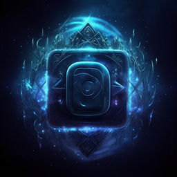 A mystical dark blue Instagram logo enveloped in magical essence and glowing runes.