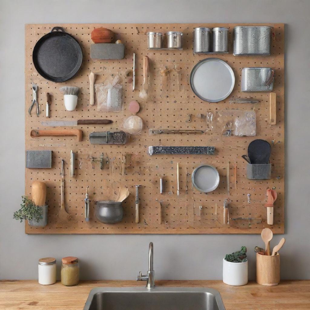 A wall installed with a customizable pegboard displaying a variety of tools, craft supplies, and kitchen utensils in an aesthetically appealing arrangement.