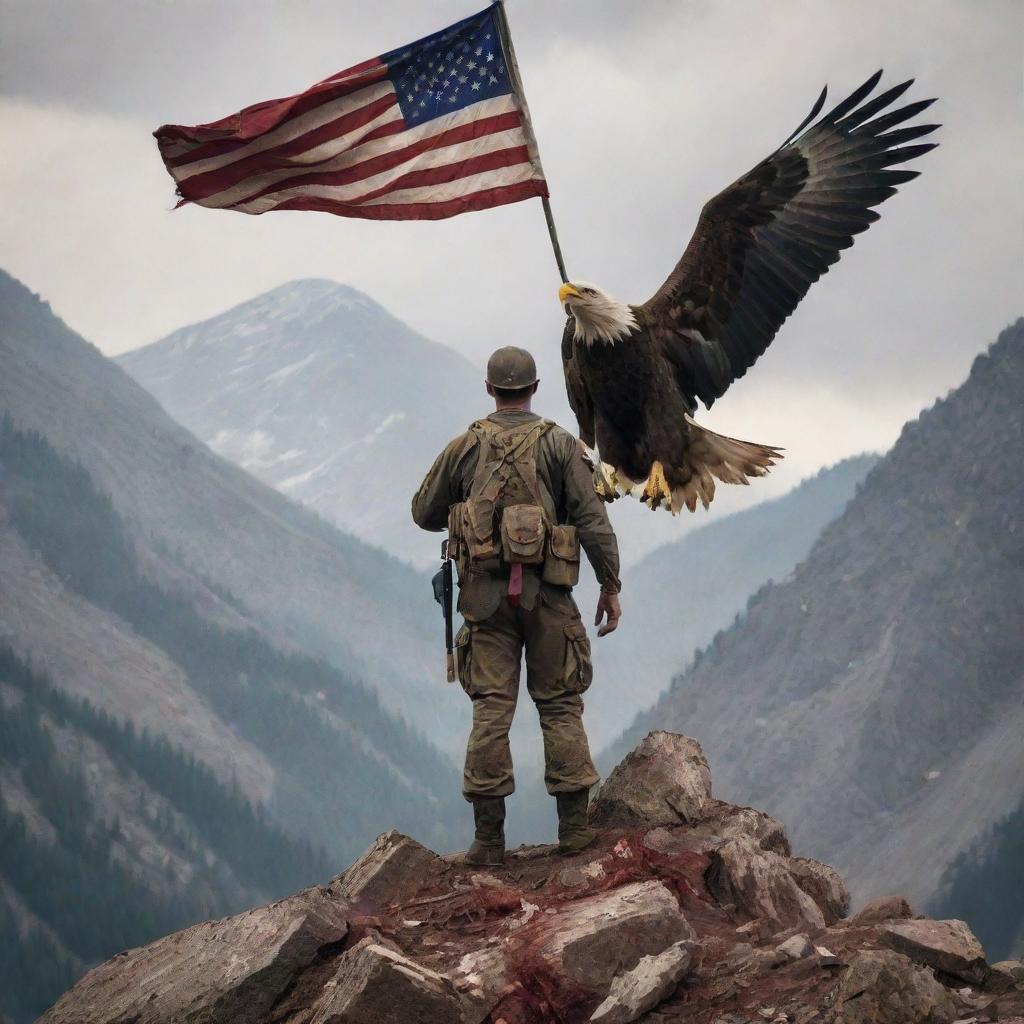 In the rugged mountains, amidst fallen soldiers, a resilient, bloodied soldier stands tall, bearing a flag in his hand. An eagle lands protectively on his outstretched arm.