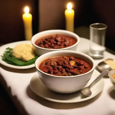 At the cozy candlelit dinner, they shared a bowl of chili con carne, savoring each bite together.