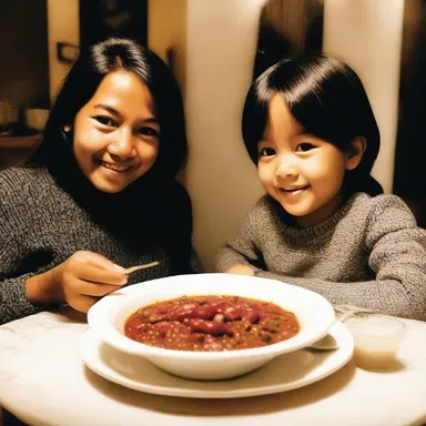 At the cozy candlelit dinner, they shared a bowl of chili con carne, savoring each bite together.