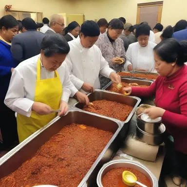 During the religious gathering, they prepared a hearty chili con carne to feed the congregation.
