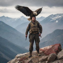 In the rugged mountains, amidst fallen soldiers, a resilient, bloodied soldier stands tall, bearing a flag in his hand. An eagle lands protectively on his outstretched arm.