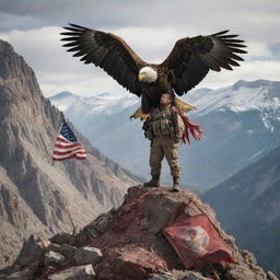 In the rugged mountains, amidst fallen soldiers, a resilient, bloodied soldier stands tall, bearing a flag in his hand. An eagle lands protectively on his outstretched arm.