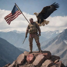 In the rugged mountains, amidst fallen soldiers, a resilient, bloodied soldier stands tall, bearing a flag in his hand. An eagle lands protectively on his outstretched arm.