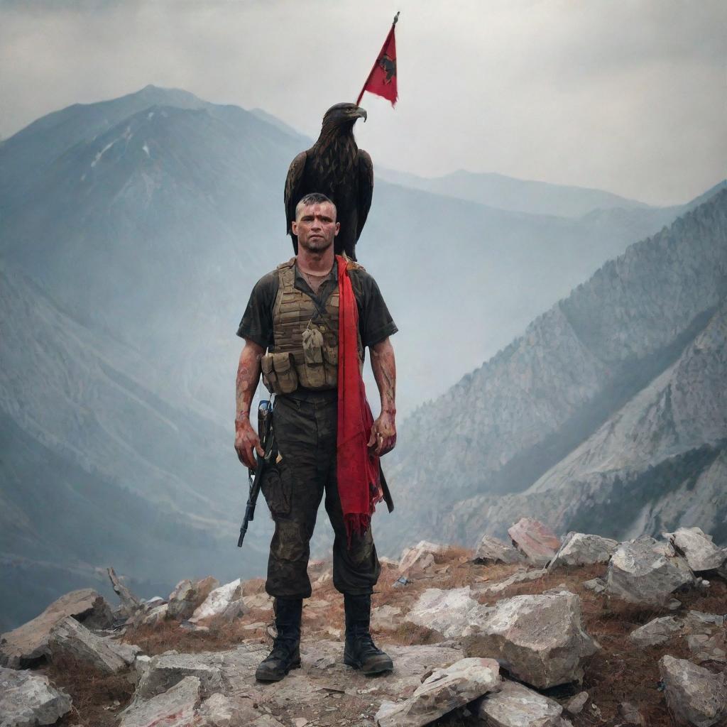 In a rugged mountain setting amongst fallen soldiers, one bloodied soldier stands defiant. He is holding the Albanian flag in one hand, and perched on his other arm is a regal eagle.