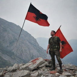 In a rugged mountain setting amongst fallen soldiers, one bloodied soldier stands defiant. He is holding the Albanian flag in one hand, and perched on his other arm is a regal eagle.