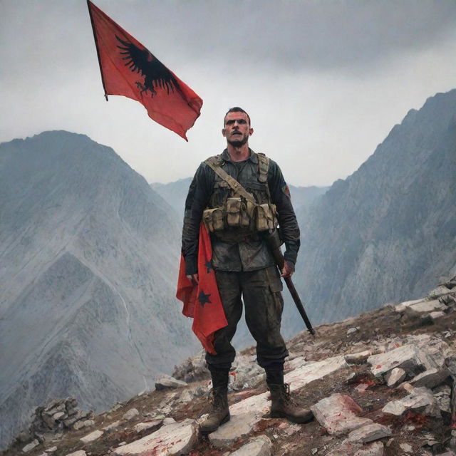 In a rugged mountain setting amongst fallen soldiers, one bloodied soldier stands defiant. He is holding the Albanian flag in one hand, and perched on his other arm is a regal eagle.