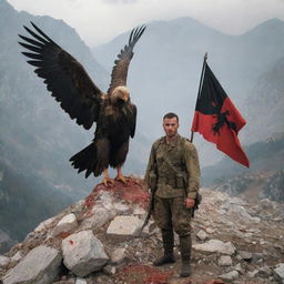 In a rugged mountain setting amongst fallen soldiers, one bloodied soldier stands defiant. He is holding the Albanian flag in one hand, and perched on his other arm is a regal eagle.