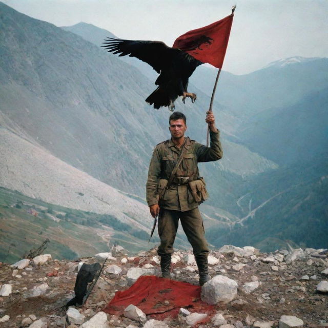 A dramatic scene in the mountains, where a bloodied Albanian soldier stands among fallen comrades, holding the Albanian flag in one hand. An eagle is perched on his arm, and a soldier is clearly visible on the ground.