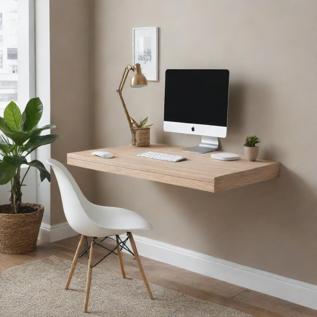 A modern, chic floating desk that can be folded away when not in use, emphasizing a clean, uncluttered look and efficient use of space.