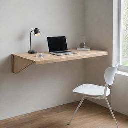 A modern, chic floating desk that can be folded away when not in use, emphasizing a clean, uncluttered look and efficient use of space.